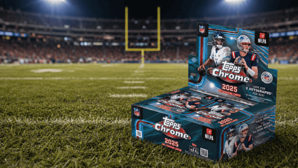 Boîte de cartes à collectionner Topps Chrome Foot US 2025 avec joueurs NFL.