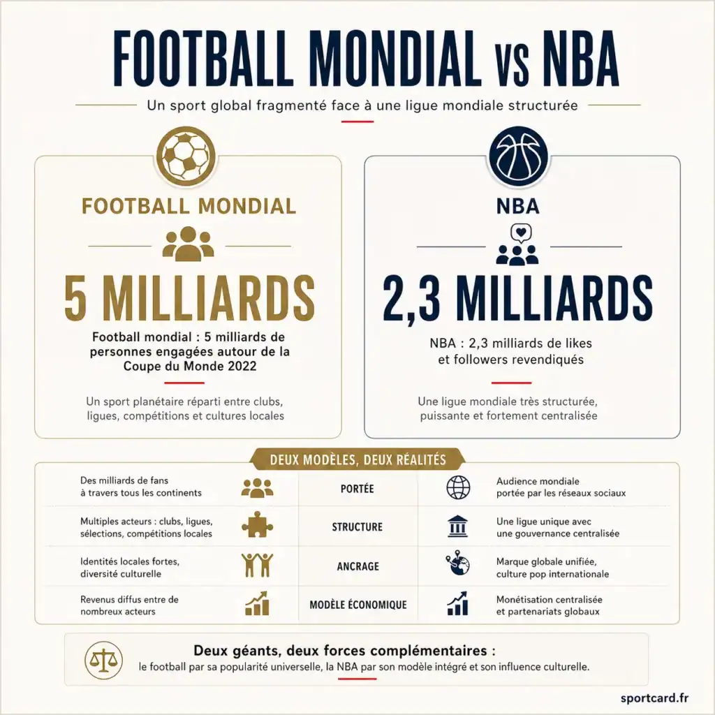 Football mondial vs NBA, comparaison des audiences et popularité des deux ligues sportives majeures.