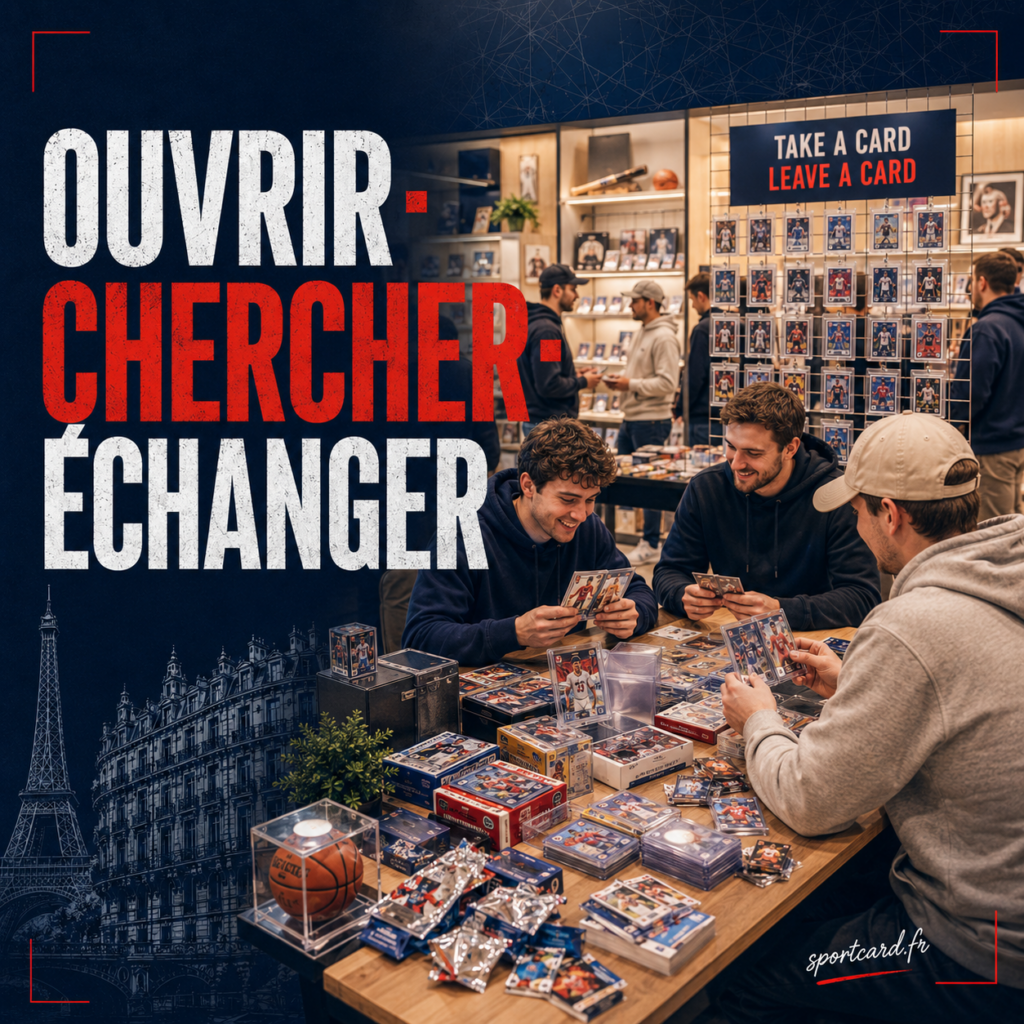 Groupe de collectionneurs échangeant des cartes à la foire de sportcards.